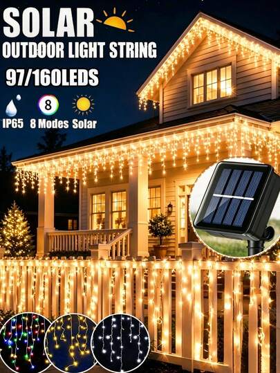 5.5M/7M Solar String Lights,Waterproof Icicle Light String,8 Lighting Modes,Solar Curtain Lights,Christmas Waterfall Lights,Houses,Gardens,Courtyards,Gatherings,Camping,Windows,Walls,Autumn,Pavilions,Outdoor Christmas Decorations