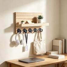 1pc Wall-Mounted Decorative Shelf Wooden Entryway Key Holder Wall Hook Coat Rack Wooden Storage Shelf In Stock - Multicolor - View 5