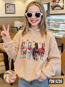 Autumn Winter Girls Fleece Hoodie With Four Horses Print Red Hearts Y2K - Apricot - View 2