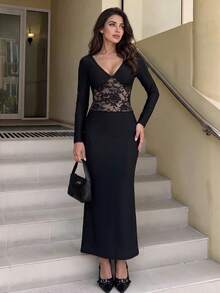 Women's Contrast Lace V-Neck Long Sleeve Fitted Elegant Party Dress - Black - View 6