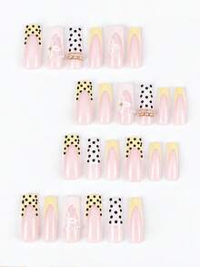 24pcs Mixed Wearable Nail Art Set, Yellow French Tip Polka Dot 3D White Flower Pearl Rhinestone Fake Nails, Reusable Full Coverage Nail Stickers, Includes Jelly Glue And Nail File, For Women - Yellow - View 5