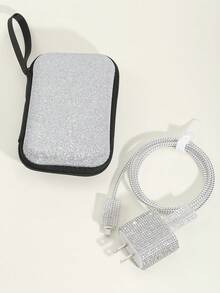 6pcs Apple Data Cable Storage & Protection Set, Compatible With Apple Phone 20W Fast Charging Data Cable, With Flash Drill & Glitter Cable Organizer - Silver - View 3