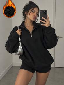 Sweatshirt Wanita Musim Gugur/Dingin Terbaru, Longgar, Minimalis, Warna Polos, Setengah Resleting, Kasual, Modis, Serbaguna, Berlapis Termal - Hitam - View 1