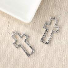 Vintage English Letter Pattern Cross Hollow Pendant Earrings, Handmade Women's Accessories, Suitable For Parties And Gatherings - Silver - View 2