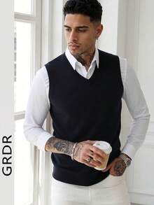GRDR Men's Solid Color V-Neck Casual Versatile Knitted Vest - Black - View 4