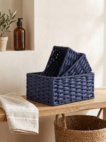 1pc/3pcs Handmade Woven Storage Basket For Desk, Makeup, Keys, Snacks, Home, Living Room, Bedroom, Office, 3 Sizes Available (Small/Medium/Large) - Navy Blue - View 4