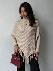 Women's Elegant Oatmeal Color Autumn/Winter High Neck Shawl Sweater, Cable Knit Tassel Trim Asymmetrical Triangle Shawl Sweater, Suitable For Daily Wear And Dating, Casual Style - Light Brown - View 5