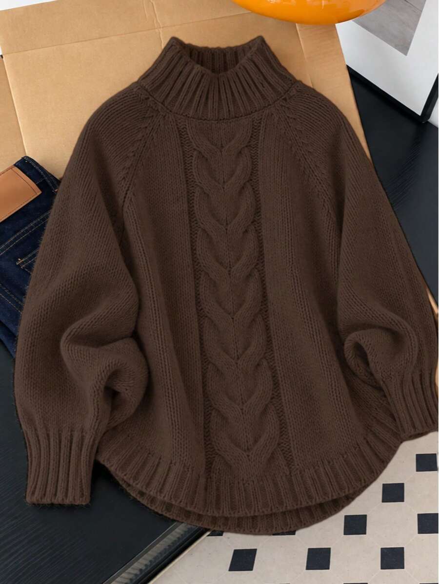 Plus Size High Neck Cable Knit Sweater, Raglan Long Sleeve Loose Solid Pullover - Coffee Brown - View 1