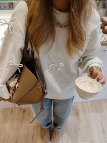 VIBEWAVE Women's Rhombus Pattern 3D Bow Sweater, Autumn/Winter Sweet Loose Long Sleeve Pullover Knit Top - White - View 6