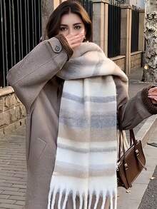 1pc Small Plaid Scarf, Soft And Warm, Suitable For Autumn/Winter - Beige - View 2