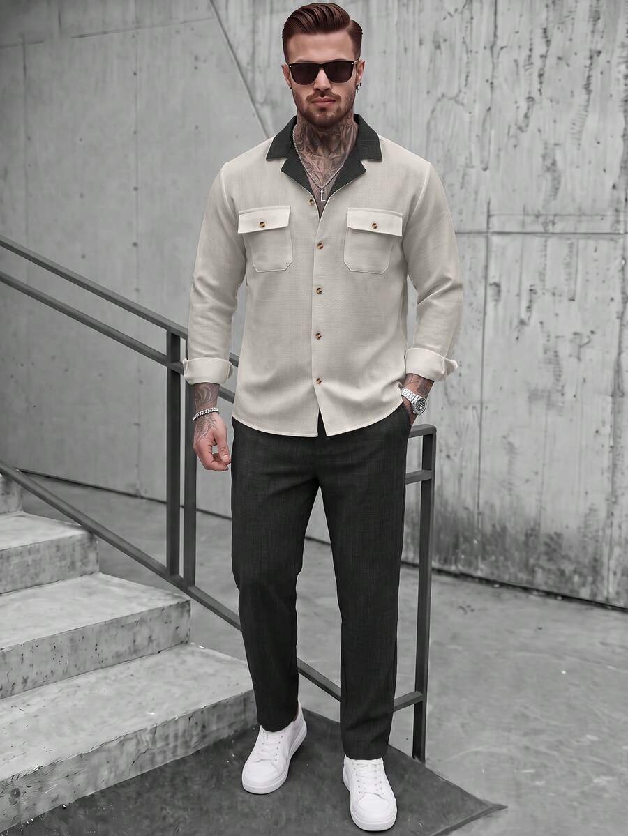 男士輕商務休閒兩件套，春秋薄款梭織休閒套裝，對比飾邊單排扣西裝領雙口袋長袖襯衫搭配抽繩素色長褲，標準版型紋理套裝，適合日常通勤