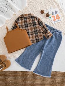 Autumn/Winter Baby Girl Sweet & Cool Casual Maillard Plaid Shirt & Solid Color Camisole & Washed Blue Denim Flare Pants 3 Pieces Set For Outings And Commuting - Khaki - View 2