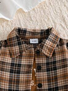 Autumn/Winter Baby Girl Sweet & Cool Casual Maillard Plaid Shirt & Solid Color Camisole & Washed Blue Denim Flare Pants 3 Pieces Set For Outings And Commuting - Khaki - View 3
