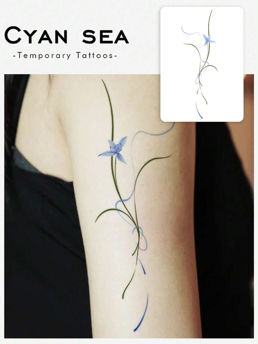 1pc Temporary Tattoo Sticker, Blue Ink Wash Orchid With Ribbon Pattern, Realistic Tattoo Design, Suitable For Daily Wear, Bachelorette Party Favors, Music Festivals, Games, Graduation Gifts, Lasts 3-5 Days - Multicolor - View 1
