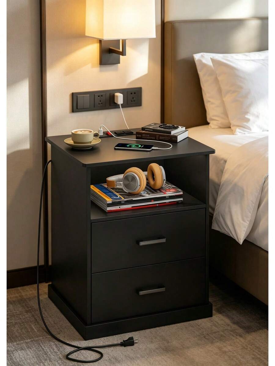 Mesa de Cabecera con Carga Inalámbrica, 2 Cajones, Estante Abierto, Negra, Moderna, para Recámara, Oficina - Negro - Ver 1