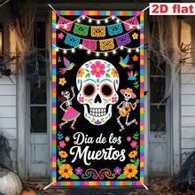 2D Flat Banner, Mexican Day Of The Dead Theme Decoration Party Width, Painted Sugar Skull Pattern Design, Party Decoration, Hanging Cloth For Door Frame Decoration, Indoor And Outdoor Courtyards, And Various Styles. - 1 - View 3
