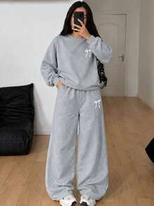 2pcs/Set Teen GirlLoose Fashionable Casual Bow Print Comfortable Versatile Outfit - Light Grey - View 7