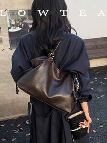 low tea 1pc Fashion PU Fabric Shoulder Tote Bag Suitable For Commuting, Shopping, Etc. (With Pendant) - Coffee - View 9