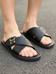 Men's Cross Strap Sandals, Metal Buckle Decor Artificial Leather Open Toe Flat Slippers, Casual Non-Slip Outdoor Beach Daily Wear Summer Black Sandals - Black - View 7