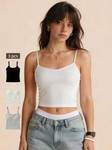 Lilivine 3pcs Women Plain Ribbed Camisole With Padded Bra, Casual Skinny Crop Top, Workout, Athleisure - Multicolor - View 1