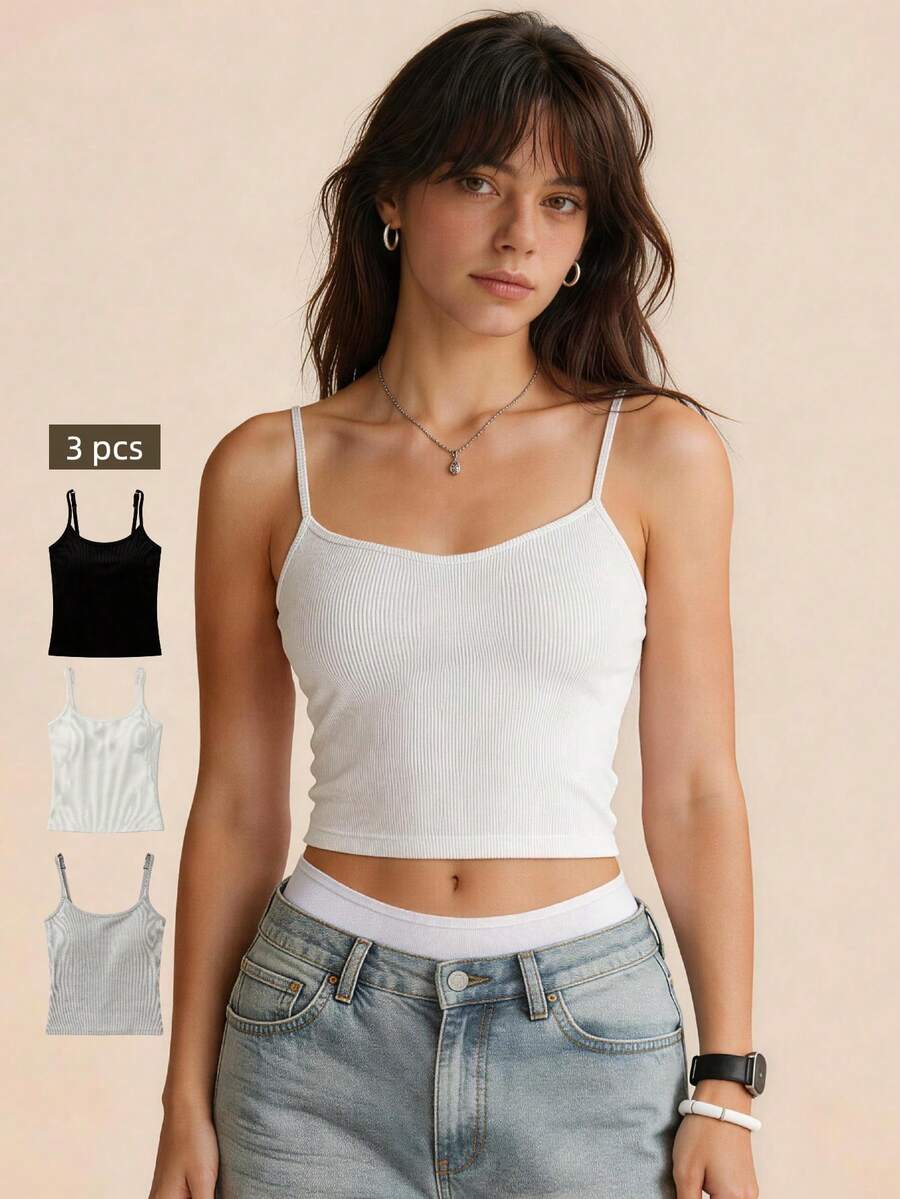 Lilivine 3pcs Women Plain Ribbed Camisole With Padded Bra, Casual Skinny Crop Top, Workout, Athleisure - Multicolor - View 1