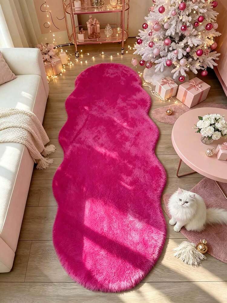 1pc Magenta Fluffy Long Wave Rug, Thick Carpet, Furry Carpet, Autumn/Winter Carpet, Decorative Carpet, Home Decor, Bedroom Carpet, Living Room Home Decor, Christmas Gift - Hot Pink - View 3