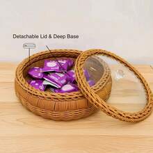 2 Pack Clear Lid Storage Baskets, Round Woven Plastic For Pantry Organization - Brown - View 3