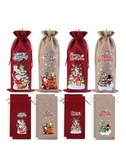 4/8pcs Christmas Burlap Wine Bottle Bags, Christmas Wine & Champagne Bottle Bags, Christmas New Year Holiday Party Decoration Bottle Covers