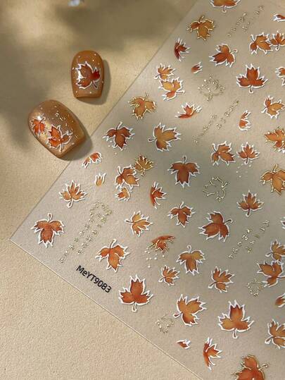 1Sheet Gold Foil Maple Leaf Nail Stickers Orange‑Brown Autumn Leaves Metal Outline Leaf DIY Fall Manicure Decoration Nail Art Supplies
