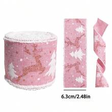 1Roll Festive Pink Christmas Ribbon, 2m Polyester Roll With Christmas Deer & Tree Designs - Ideal For Gift Wrapping, Bows, Wreaths & Holiday Party Decorations, Christmas Decorations - Pink - View 7