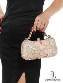 New Women's Floral Sequin Beaded Clutch, 3D Mesh Flower Sequins Evening Bag, Gold Handle Formal Wedding Bridal Bag, Party Holiday Gift (Random Pattern) - Gold - View 6