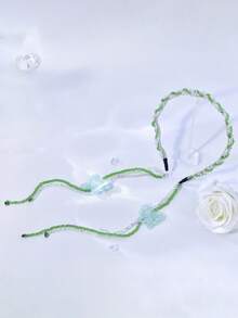 1件綠色珠飾新娘髮箍，附蝴蝶刺繡與可拆卸流蘇，女性婚禮髮飾，適合節日派對 - 綠色 - 查看 5