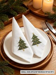 1pc/2pcs/4pcs 100% Polyester Christmas Tree Embroidered Cloth Napkin, White Square Dinner Napkin With Gold Star Embroidery, Holiday Table Decor For Christmas Party Home Dining - Multicolor - View 13