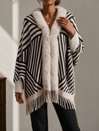 Women's Fall Winter Black Beige Geometric Stripe Faux Fur V Neck Open Front Batwing Sleeve Fringe Hem Knit Poncho Cardigan, Warm Casual Travel Wear