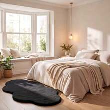1pc Washable Non-Slip Black Asymmetrical Cloud Shape Faux Rabbit Fur Decorative Rug, Soft Skin-Feel Surface With Non-Slip Bottom, Pure Black Design Style, High-End Minimalist And Elegant, Reflects Owner's Sophisticated Aesthetic, Suitable For Living Room, Bedroom, Bedside, Sofa Side, Study, Dressing Room, Vanity And Other Multiple Living Scenes, All-Season Daily Use, 1pc Black Asymmetrical Cloud Shape Faux Rabbit Fur Rug, Bedroom Bedside, Black Faux Rabbit Fur Asymmetrical Fluffy Area Rug For Bedroom Living Room - Black - View 4