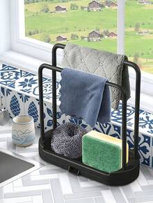 1pc Kitchen Sink Cloth Drying Rack, Can Dry Towels, Store Sponges And Steel Wool, Suitable For Kitchen Countertop And Sink Area, Freestanding Double Bar Plastic Stand, Ideal Housewarming Gift - Multicolor - View 4