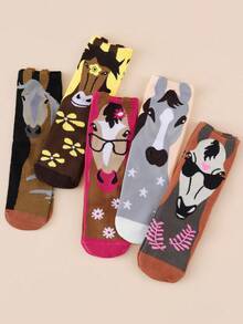 5 Pairs Unisex Multi-Color Assorted Cute Horse Portrait Jacquard Mid-Calf Socks, Soft, Breathable, Creative & Fun Socks - Multicolor - View 3
