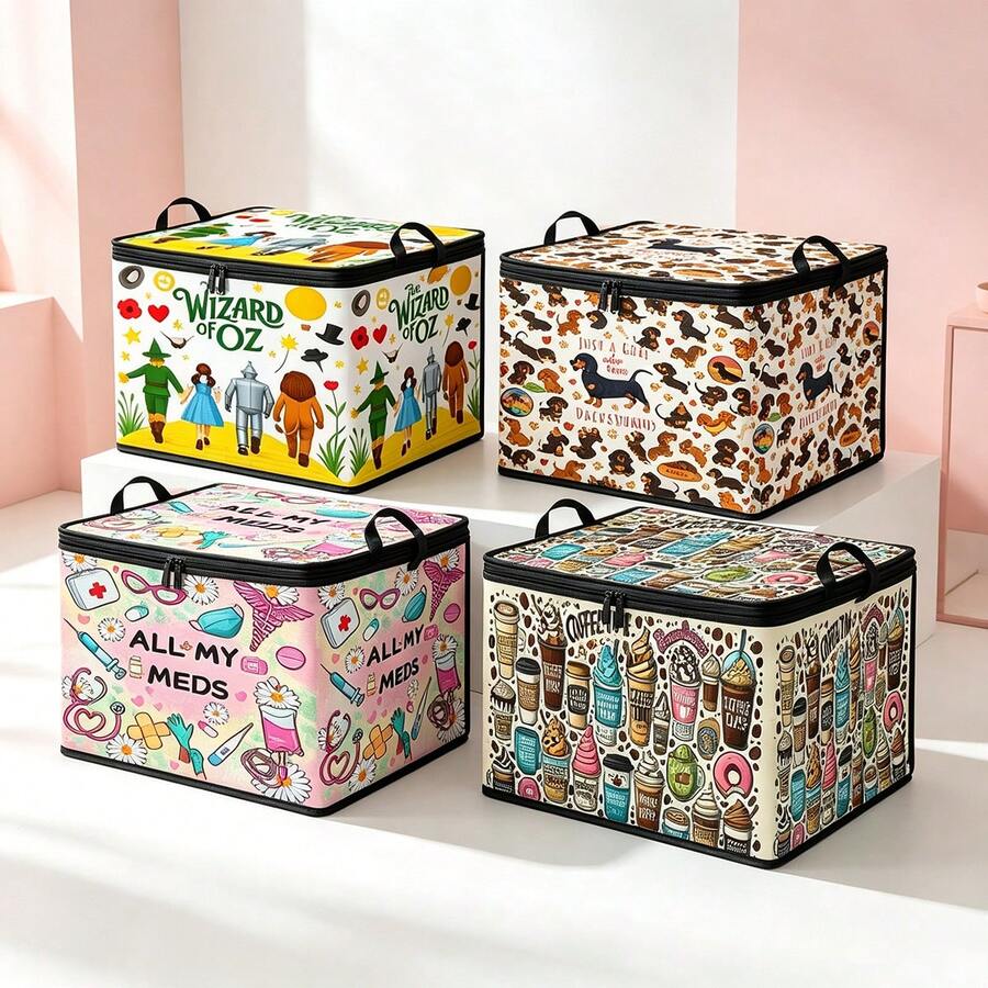 1pc Thick Non-Woven Fabric Fairy Tale Cartoon Multi-Pattern Collection Printed Double Handle Zipper Storage Box Large Capacity Multifunctional Home Storage Box Suitable For Bedroom Dorm Bathroom Can Be Used As Laundry Basket