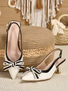 Women's Colorblock Bow Pointed Toe Stiletto Heel Slingback Pumps, Fashion PU Leather Cutout Party Shoes, All Season - Black and White - View 3