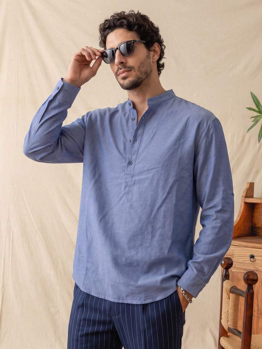 glestore Men's Vintage Oxford Cotton-Feel Long Sleeve Shirt, Fashionable Casual Versatile, Suitable For Commuting And Vacation - Blue - View 1