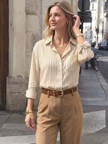 Women's Classic Striped Long Sleeve Shirt – Collared Button Front Top With Pocket For Office, Casual, Spring Summer Fall Winter - Yellow - View 1