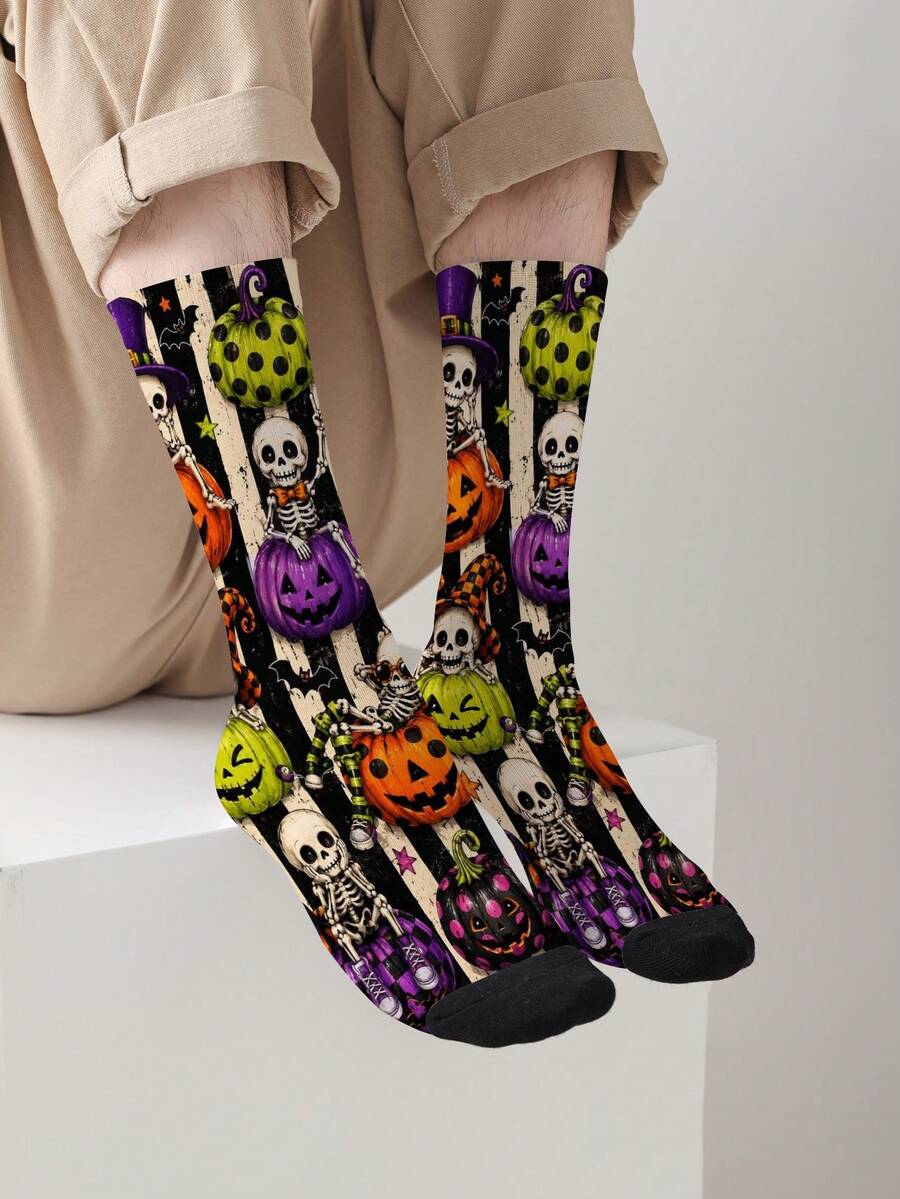 1 Pair 360° Printed Halloween Theme Mid-Calf Socks, Unisex Gothic Style, Suitable For Halloween Party - Multicolor - View 1