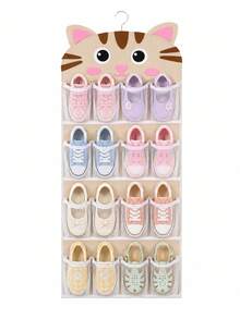 1pc Cute Tanuki‑Patterned Cat/Pig Shoe Storage Hanging Bag, 16‑Compartment Hanging Shoe Rack, Adorable Cartoon Shoe Box, Dustproof Foldable Shoe Bag, Multi‑Pocket Shoe Rack,For Home Organization, Girls' Room Decor, And Bedroom Storage. - Multicolor - View 12