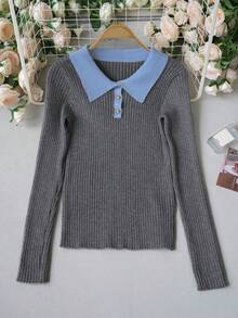Contrast Color Polo Collar Knit Sweater For Women, Light Blue Lapel With Gray Ribbed Slim Fit, Metal Button Design, Exquisite Youthful Long Sleeve Style Suitable For Commuting, Daily Wear, Dating And Versatile As Inner Layer Or Outerwear - Grey - View 5