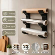 2pcs/1set Wall-Mounted Storage Rack For 3 Rolls Of Kitchen Paper/Cling Film/Aluminum Foil, Fits Rolls Up To 50mm Diameter, Space-Saving, No Drilling Required, Easy Installation, Keeps Kitchen Tidy, Suitable For Cabinet Doors (Inside And Outside), Tile Walls, Refrigerator, Won't Damage Surfaces - View 9