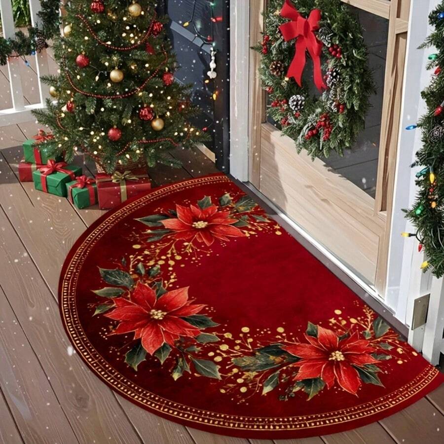 1pc Red Poinsettia & Holly Christmas Welcome Doormat - Semi-Circle Indoor/Door Mat, Suitable For Christmas Winter Decor, Machine Washable Holiday Entrance Mat With Poinsettia Pattern - A - View 1