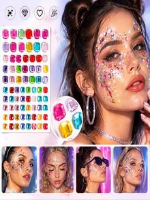 1 Hoja/65 piezas Pegatinas de strass octogonales cuadradas multicolor, joyería facial de strass autoadhesiva, pegatinas faciales de maquillaje corporal DIY, adecuadas para fiestas de vacaciones y carnaval - Multicolor - Ver 8