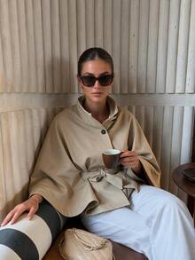 Women's Elegant Solid Color Stand Collar Tie Short Cape Jacket, Suitable For Autumn, Front Button Closure, Daily Wear - Khaki - View 2