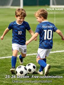 Children's Sports Jersey With Burn-Out Design, Customizable Name Football Uniform Set, No. 10 Star Player Style, Boys And Girls Unisex Round Neck Striped Short Sleeve 2 Pieces Set - Navy Blue - View 2