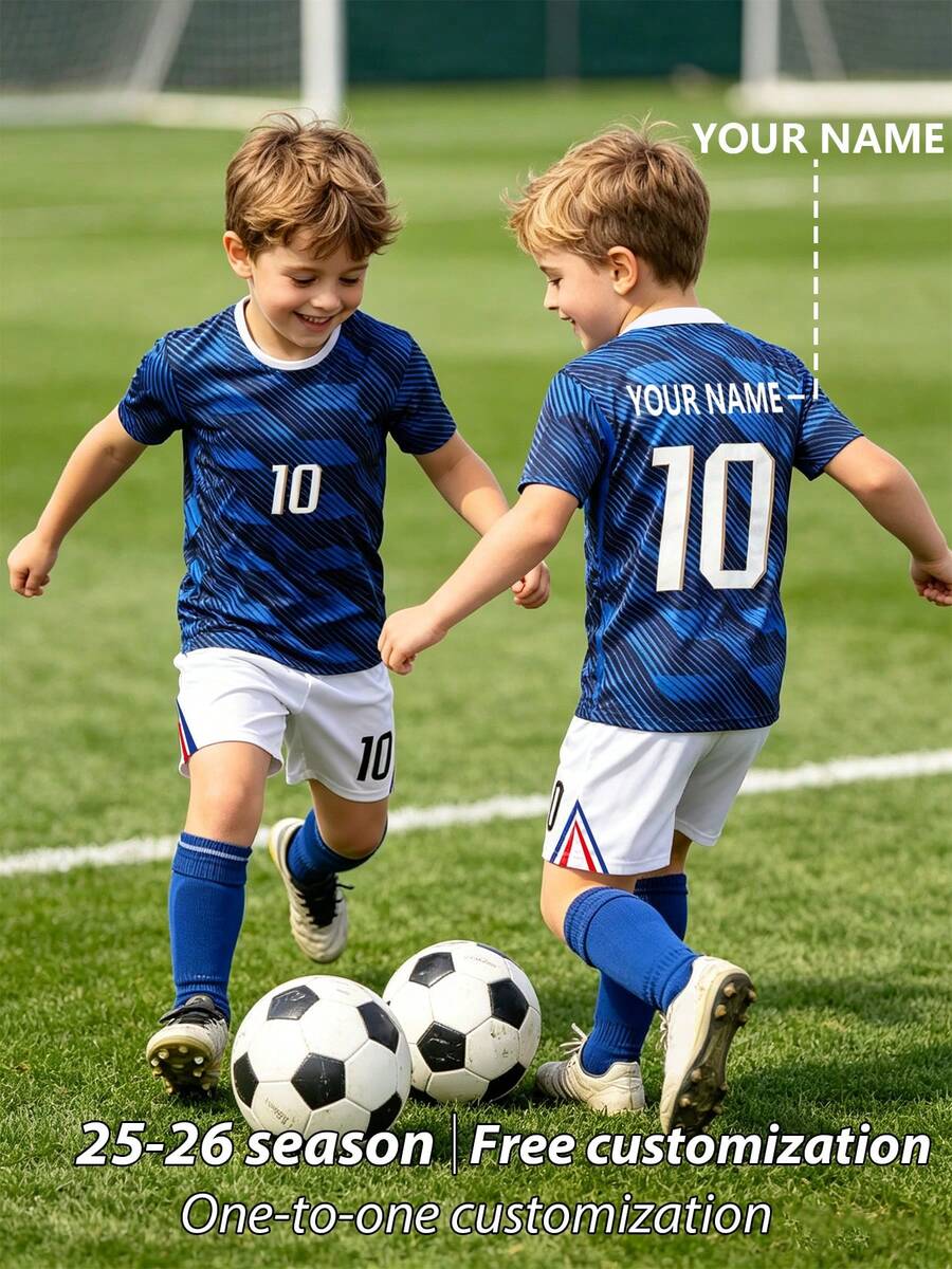 Children's Sports Jersey With Burn-Out Design, Customizable Name Football Uniform Set, No. 10 Star Player Style, Boys And Girls Unisex Round Neck Striped Short Sleeve 2 Pieces Set